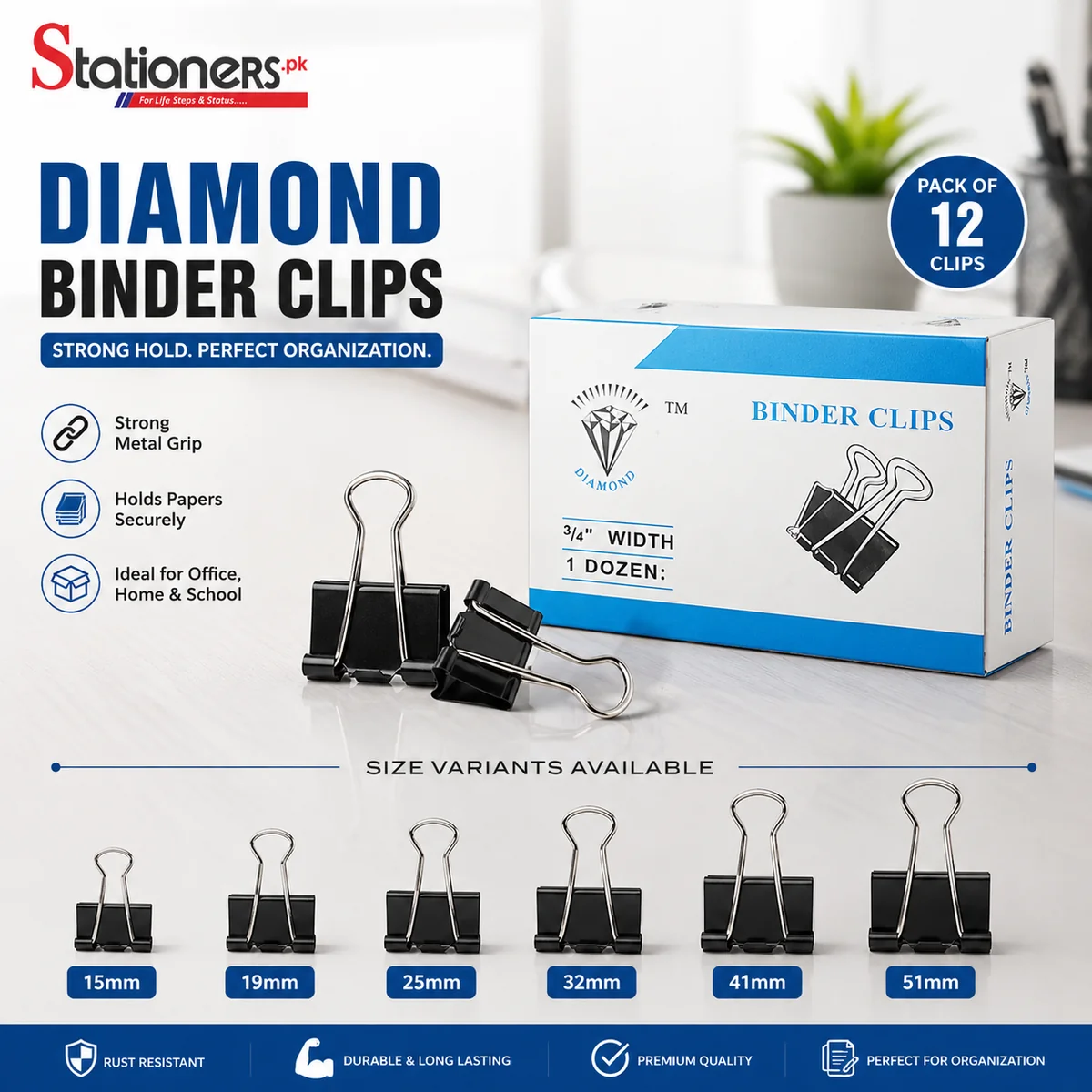 Diamond Binder Clips Black Pack of 12